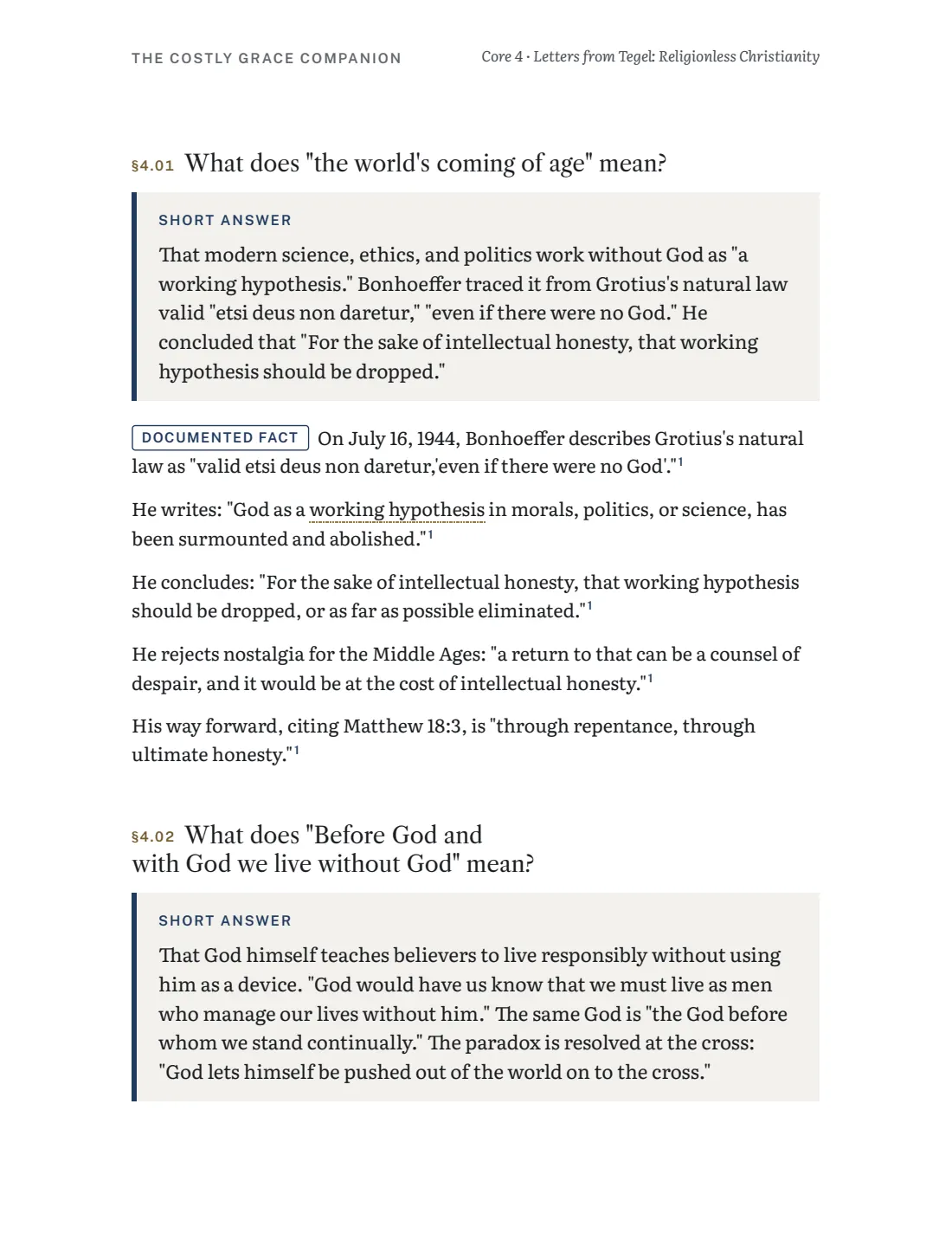 Core 4 page on living before God without God as a working hypothesis